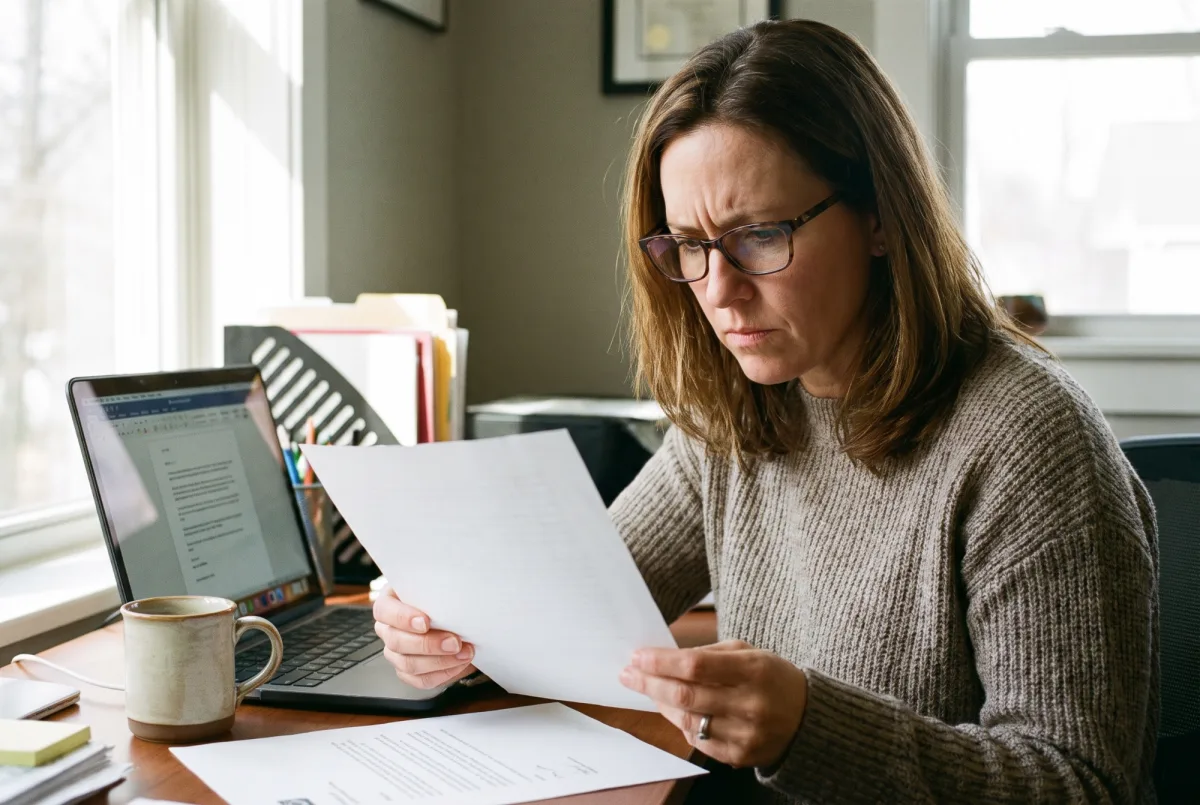 Person liest am Schreibtisch ein Schreiben des Arbeitgebers