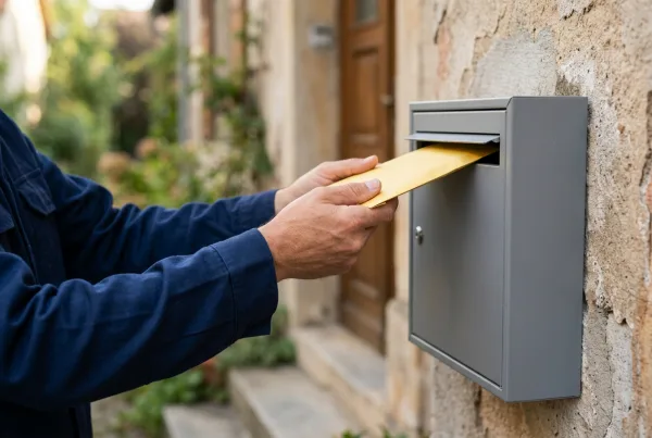 Briefbote steckt einen gelben Umschlag in einen Briefkasten